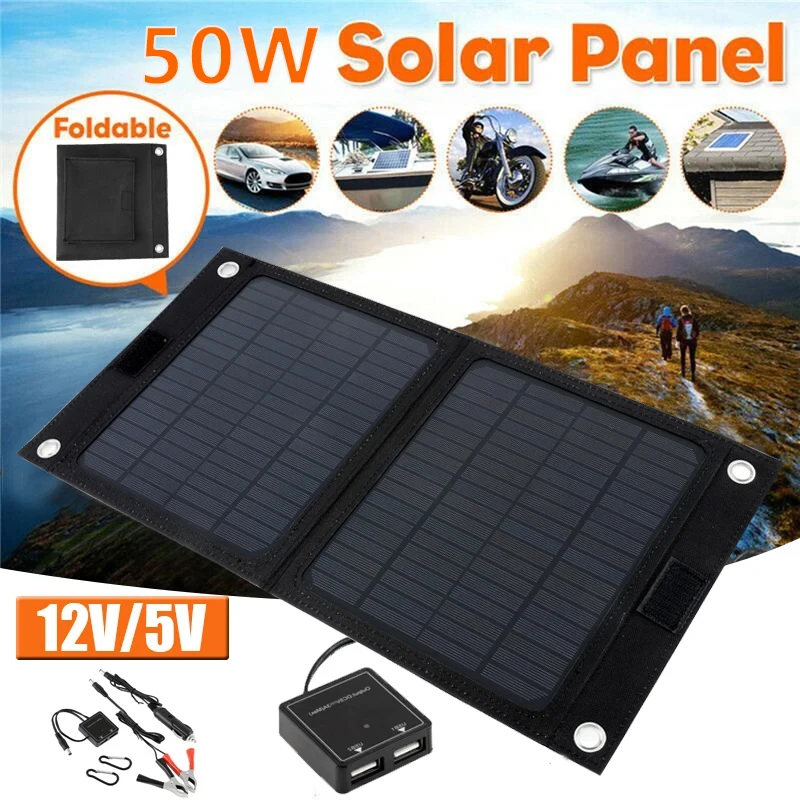 Outdoor Portable 12V 50W Folding Solar Cells Charger Foldable Solar Panel Charger Mobile Power Bank for Phone Battery USB Port