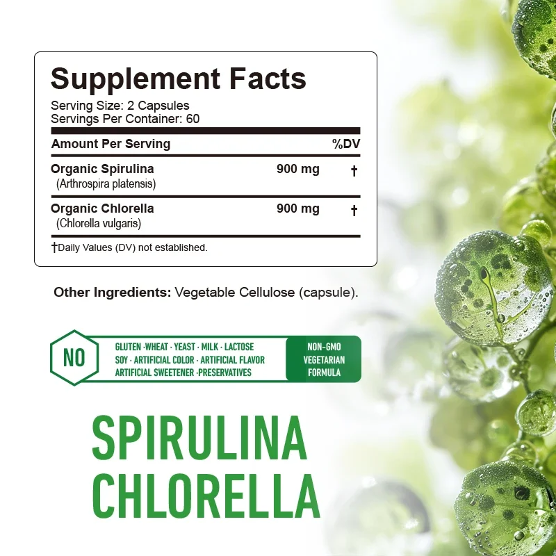 Kapsułki Spirulina Chlorella - kontrola naturalnej energii i glukozy, detoksykacja, przeciwutleniacz