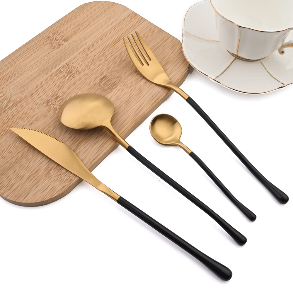 

AJOYOUS 24pcs Cutlery 304 Stainless Steel Coffee Spoon and Fork Knife Black Gold Dinnerware Kitchen Dinner Flatware Set