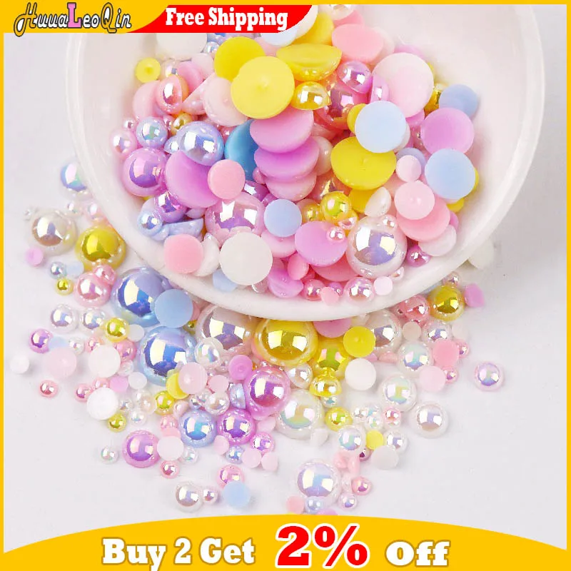 200pcs Hemispherical Multi-Sized Colorful ABS Imitation Pearls Loose Seed Beads for Needlework Jewelry Making Nail Accessories