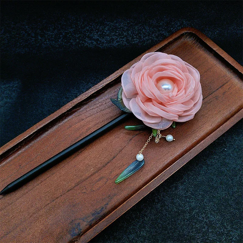 

Peony flower green bamboo stream rosewood hairpin, ancient-style flower hairpin, high-end Hanfu updo accessory