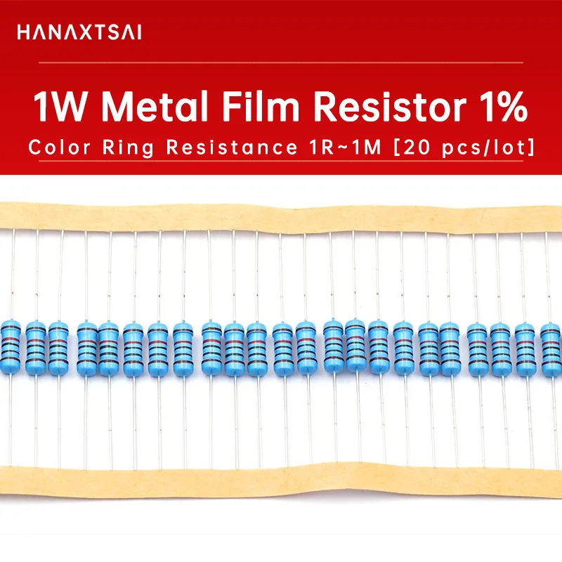 20szt 1W 1R~22M 1% Rezystor z folii metalowej 100R 220R 1K 1.5K 2.2K 4.7K 10K 22K 47K 100K 100 220 1K5 2K2 4K7 ohm rezystancja