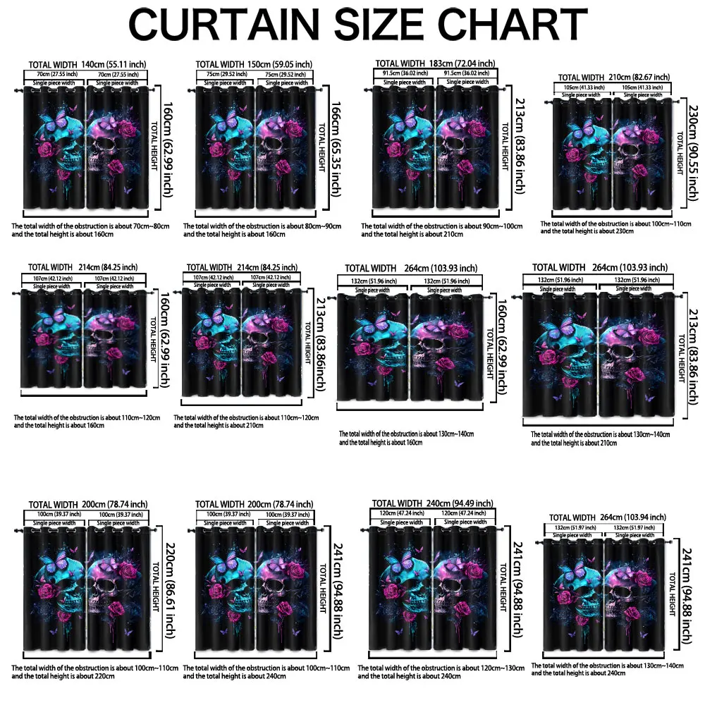 2pcs 90g printed curtains, featuring a double skull head and pink rose butterfly pattern, suitable for machine washing
