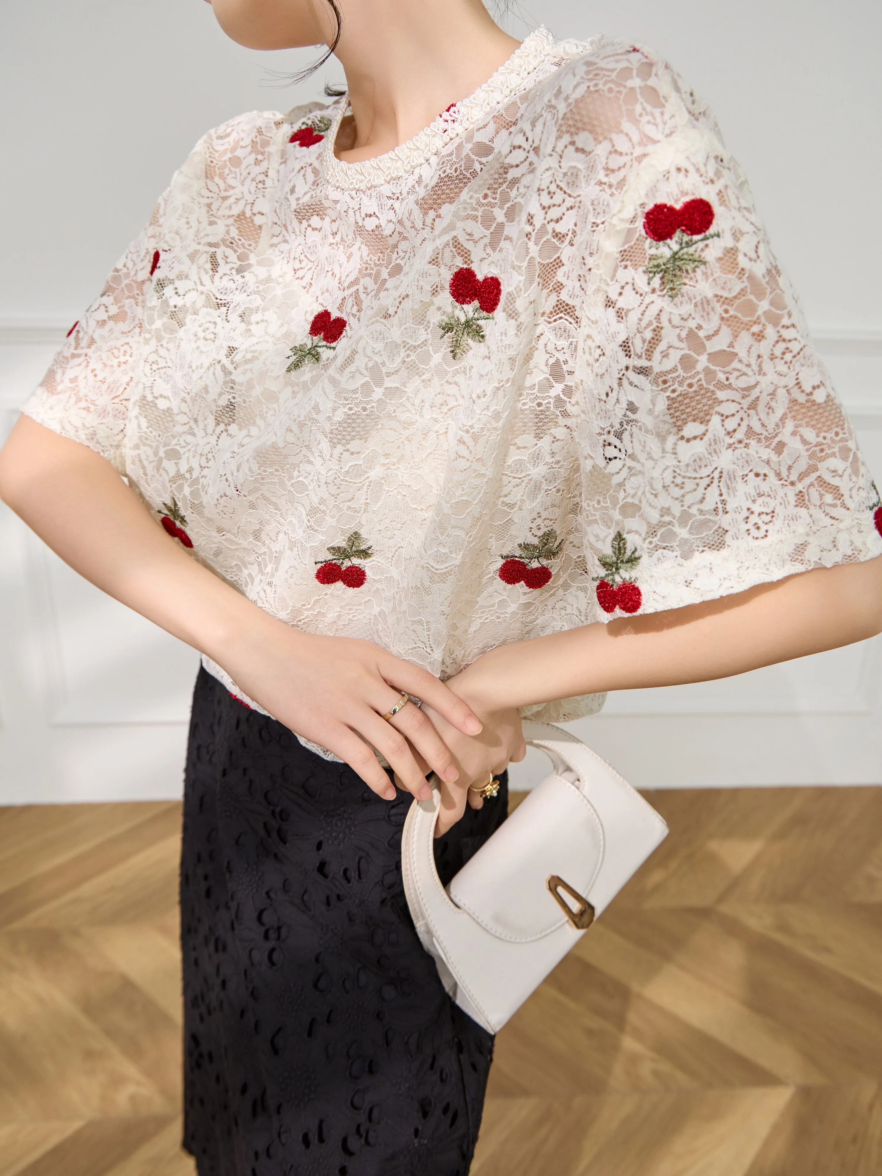 Women Lace T Shirt Cherry Embroidery Loose Fit Short Sleeve Top Hollow Out Summer Casual Cute Feminine Blouse