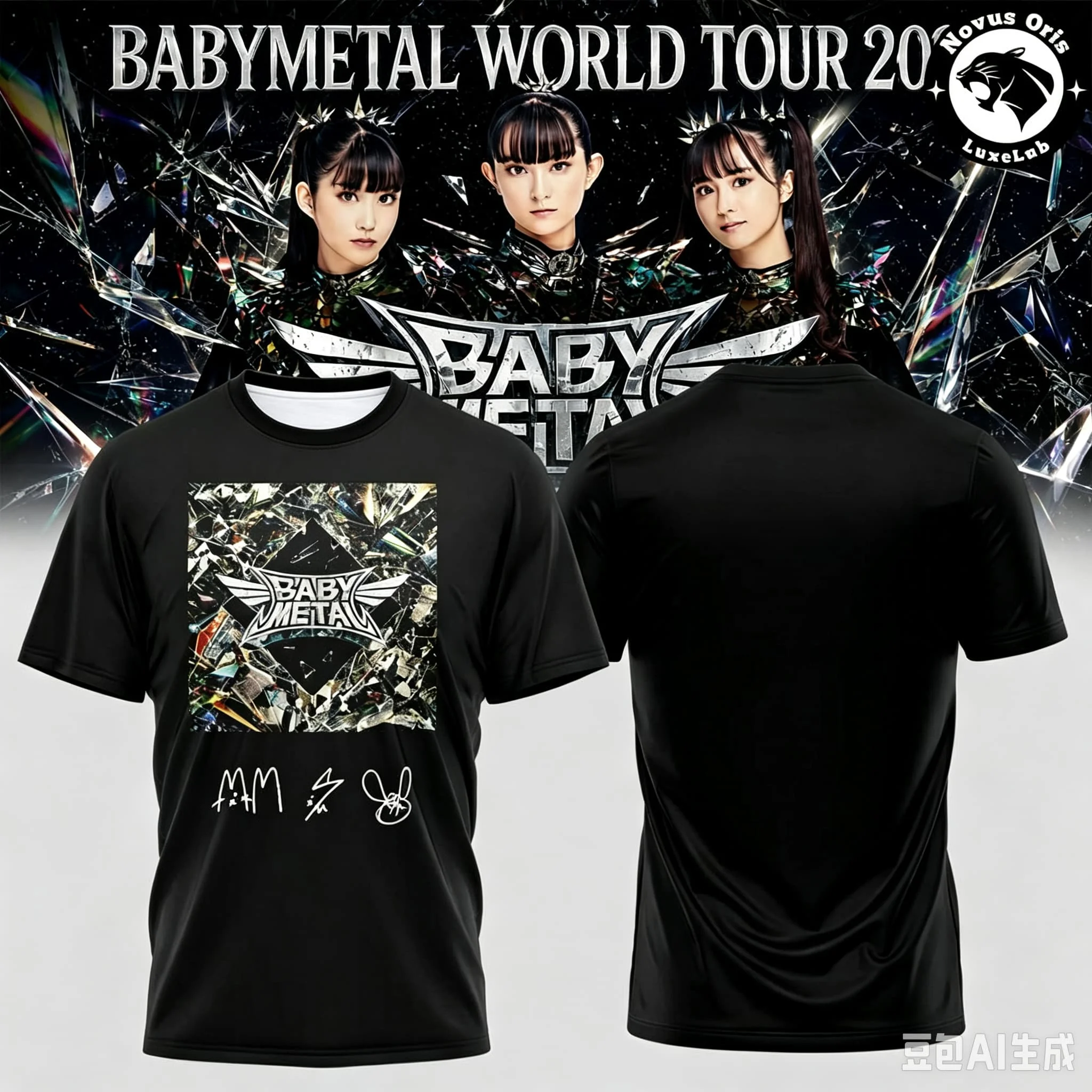 Herren Babymetal World Tour T-Shirt Schwarz mit Glasbruch-Vollprint, Kurzarm, Heavy-Metal-Konzert-Fan-Oberteil, Familien-Partnerlook – Detail 4