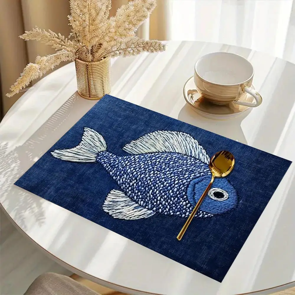 VIKAMA Indigo Koi Fish Placemat Japanese Traditional Linen Heat Resistant Dining Table Mat for Home Decor