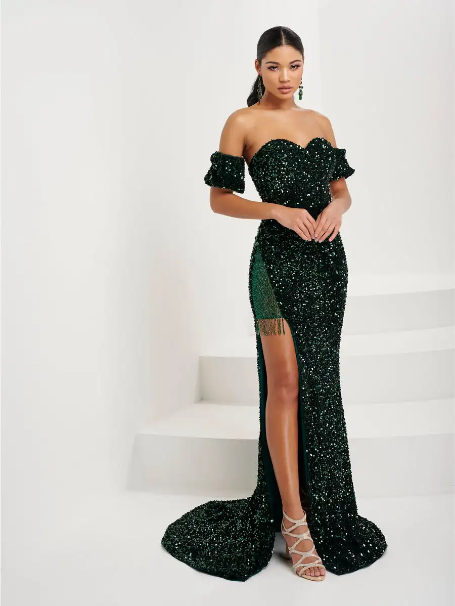 Sequin Velvet Sweetheart Slim Fit Sequin Fringed Slit Fully Lined Gown Debut Prom Red Carpet Evening فستان حفلات الزفاف