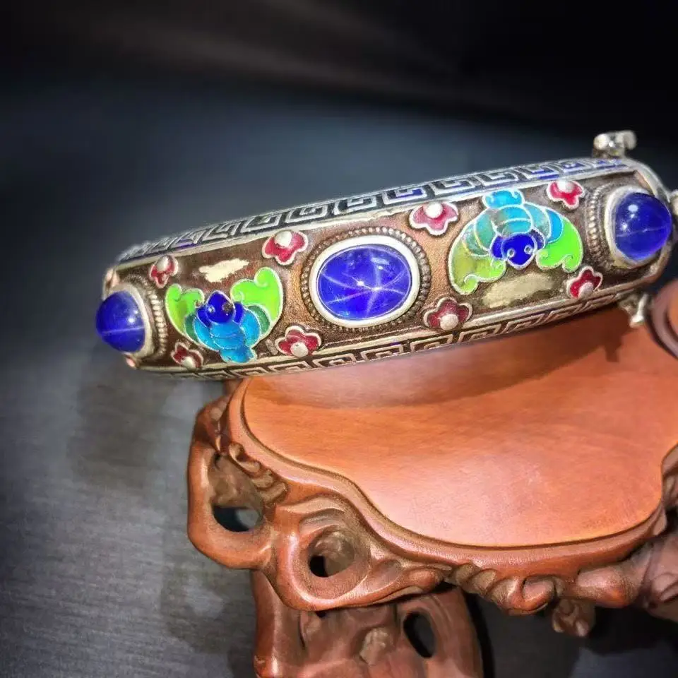 

handmade Tibetan silver inlaid jade cupronickel bracelet ethnic style handmade vintage Miao silver cupronickel open bracelet