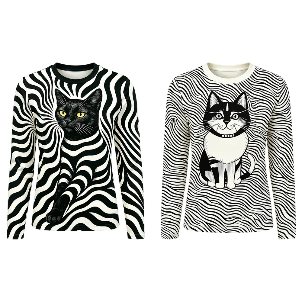 Black Cat Optical Illusion Print T‑shirt Daily Fashion Casual Streetwear Men Women Striped Pattern Crew Neck Long Sleeve Tops