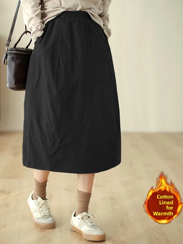 레트로 심플 코튼 안감 A라인 미디 스커트 플러스 사이즈 따뜻한 패셔너블 여성 의류 겨울 2025 신상 캐주얼 솔리드 컬러