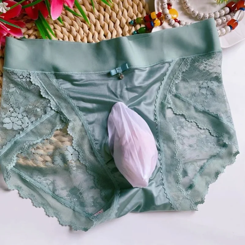 ملابس داخلية مثيرة للرجال من الدانتيل ملابس داخلية رفيعة من الحرير الجليدي والساتان محدبة ملابس داخلية سيسي بدون خياطة عالية الخصر سراويل داخلية مثيرة #5