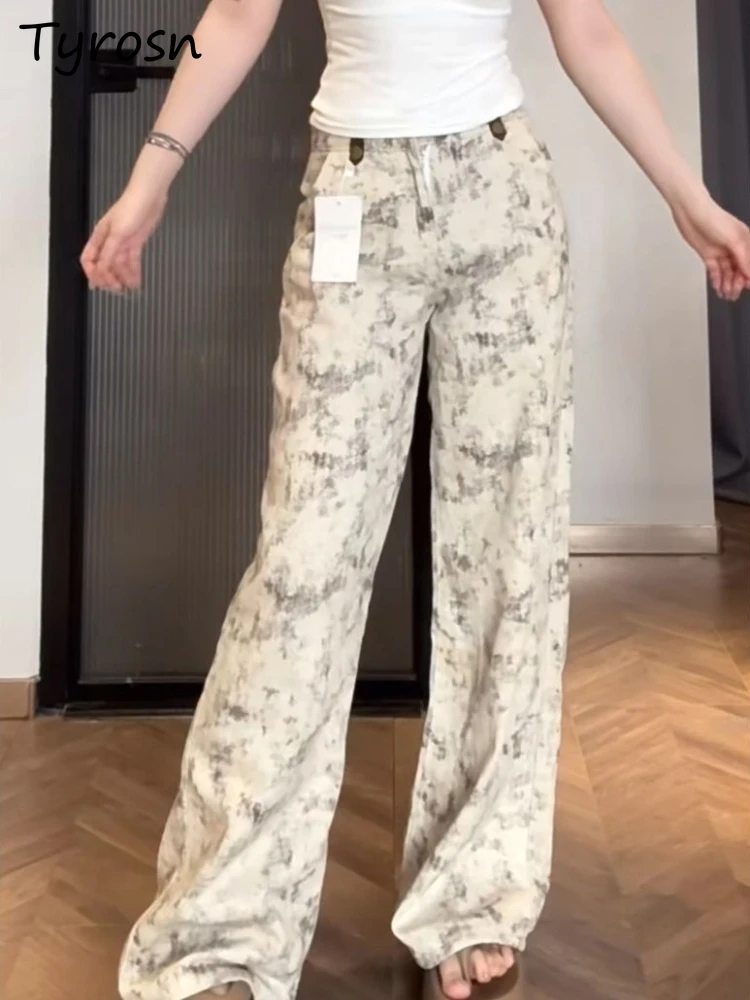 

Джинсы женские с принтом в стиле ретро, длинная длина, широкие брюки с высокой талией, осенняя новая свободная универсальная прямая уличная одежда