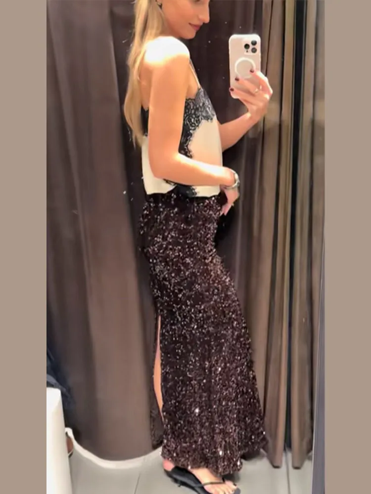 Falda larga elegante con lentejuelas para mujer, faldas largas con abertura ajustada de cintura alta y brillo liso a la moda de lujo, vestido de fiesta de Navidad para mujer 2025