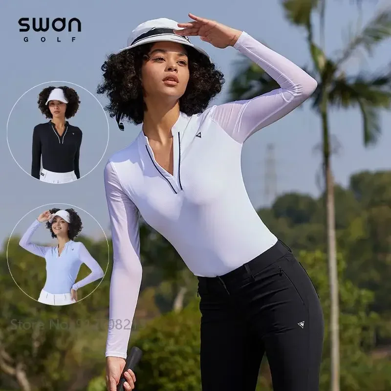 SG Summer Women UV-proof Ice Silk Tops Sunscreen Golf T-shirts Long Sleeve Cooling Golf Shirt Ladies V-neck Sports Jersey S-XL