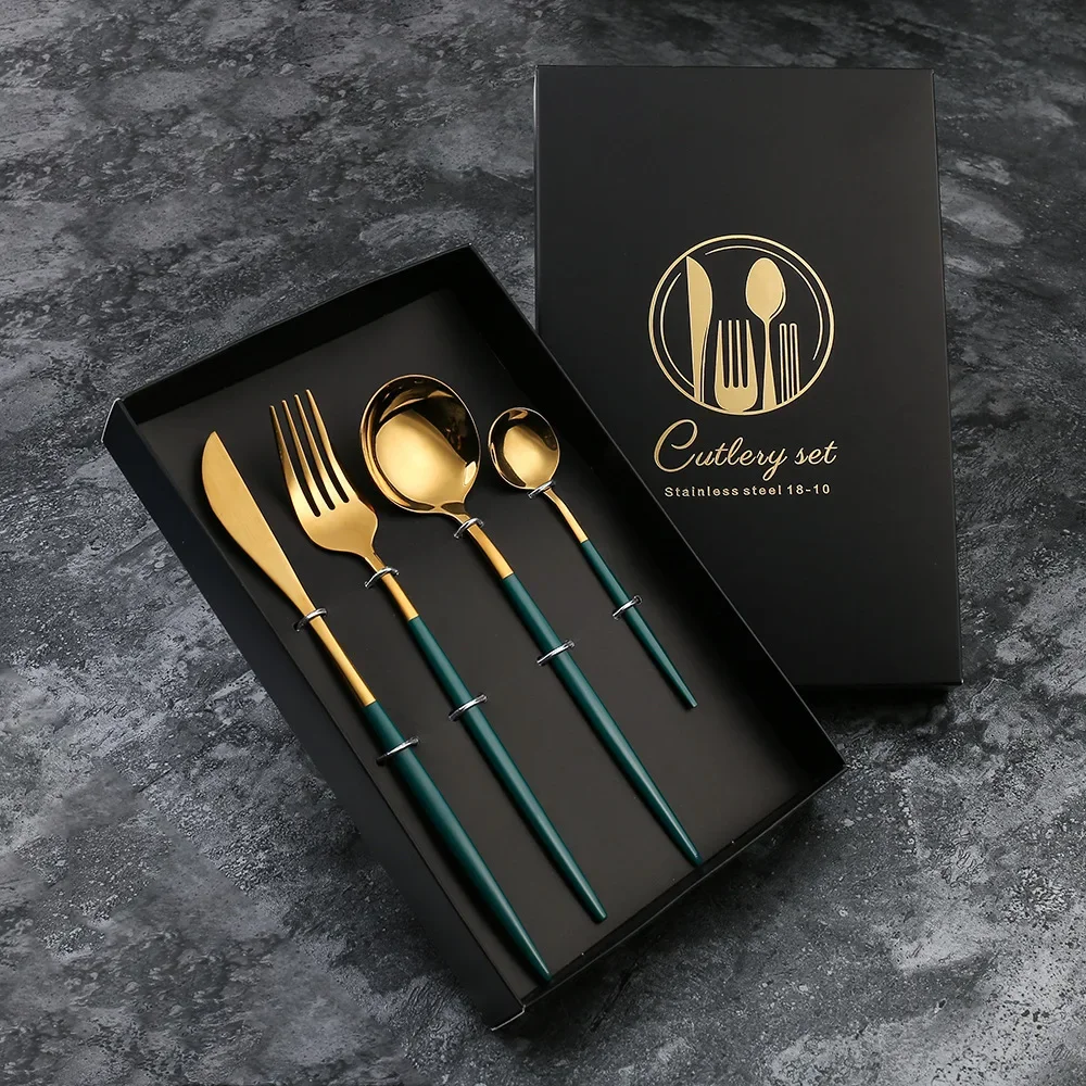 4pcs/set Stainless Steel Spoon Fork Chopstick Knife Set with Storage Gift Box Coffee Dessert Fork Spoon Kitchen Tableware Set