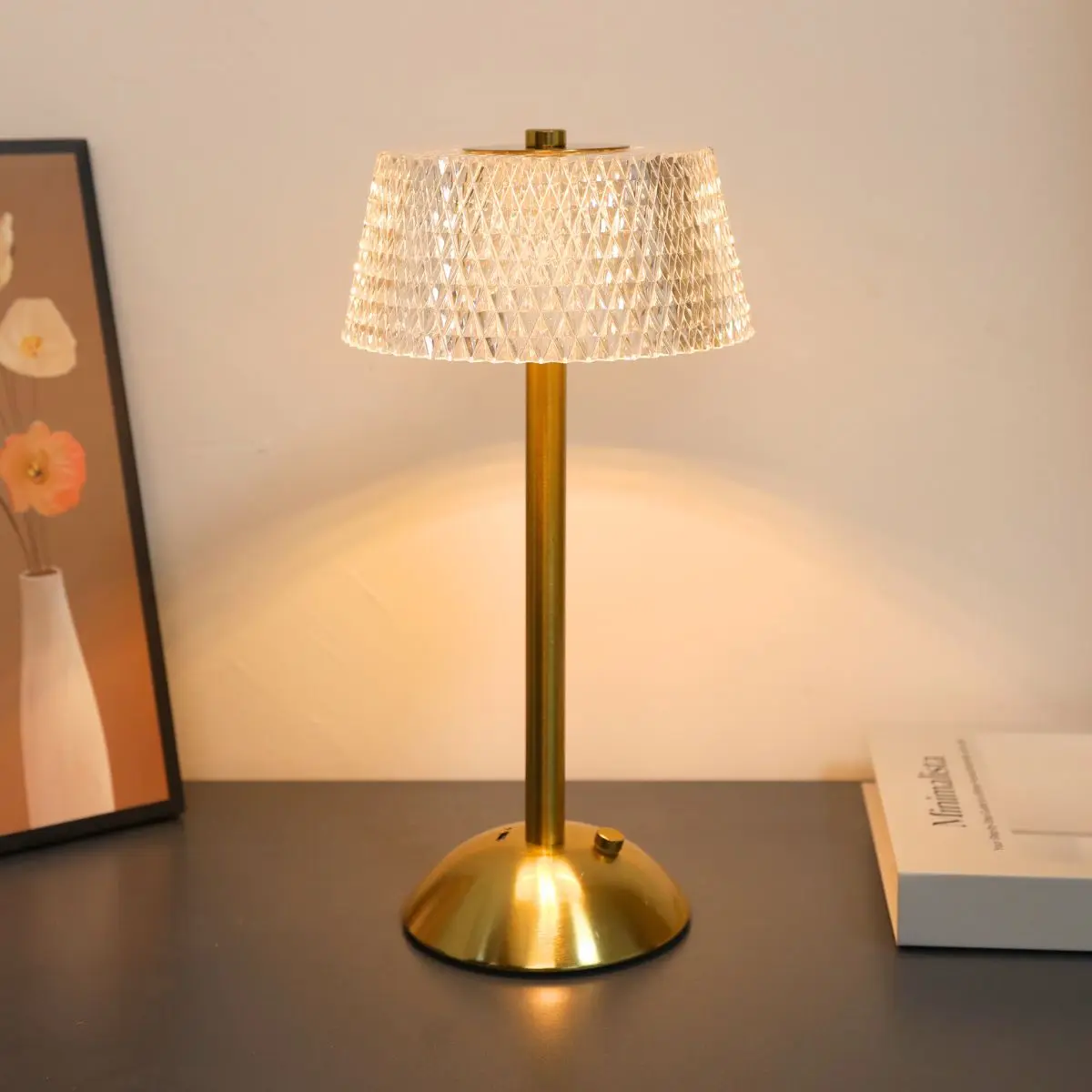 1pc Modern Gold‑Tone Metal LED Table Lamp, Pleated Fabric Shade Touch Control USB Bedside Lamp, Gift for Bedroom & Living Room
