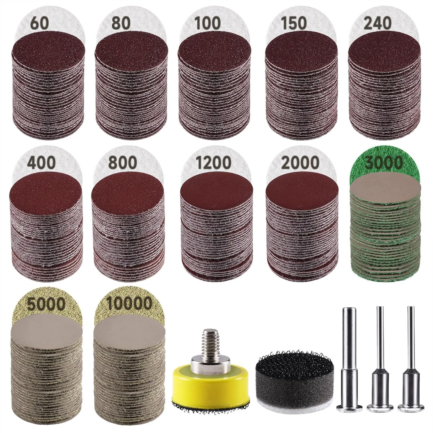 

1 Inch Sanding Discs, 365 PCS Hook and Loop Wet Dry Sandpaper 60-10000 Grit with Backing Pad for Auto Metal Wood Polishing