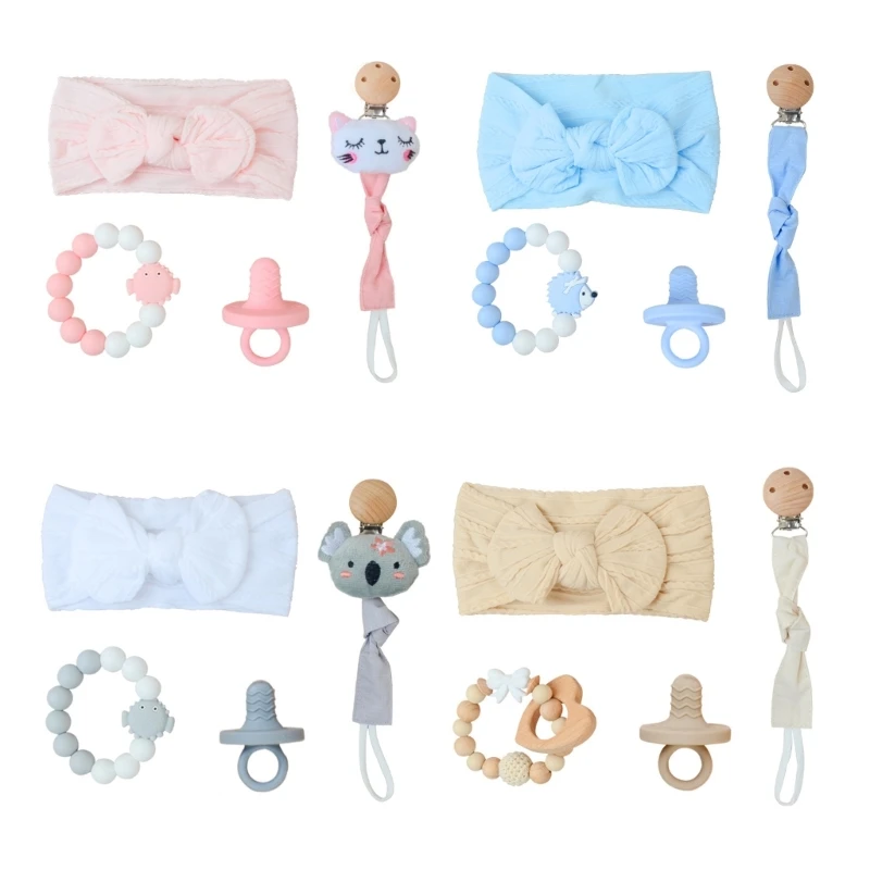 Comfortable Grip Baby Soothing Nipples with Bowknot Headband Hairband & Pacifier Clip Chain & Beads Teething Bracelet