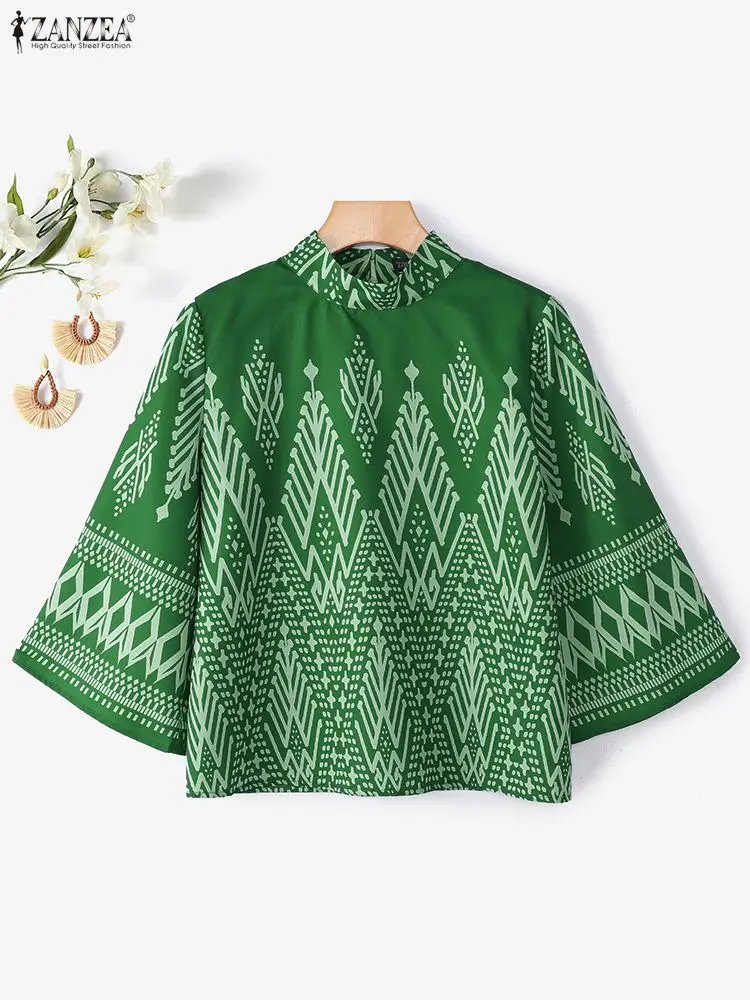 Etniczne bluzki damskie w stylu vintage z nadrukiem, moda wiosenna 2026, stójka, rękawy 3/4 rozszerzane, codzienne topy, odzież damska ZANZEA