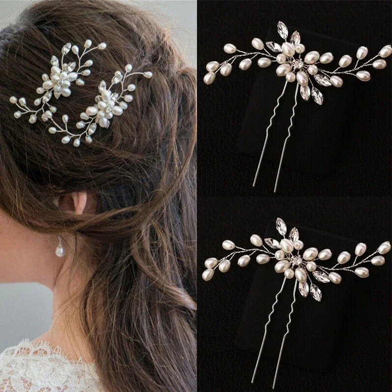 Women Pearl Hairpins Hair Clips Bridal Tiaras Hairbands Bridesmaid Diamante Hair Vine Barrettes Wedding Jewelry 35cm Headwear