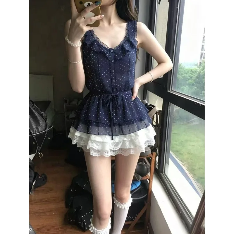 Vintage Casual U-neck Ruffled Sleeveless Polka Dot Top Fashion Lace Half Skirt Japanese/korean Idol Harajuku 2-piece Set 니트 스커트