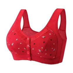 Women Summer Thin Cotton Brassiere Mum Front Open Buckle Large Size Without Cotton Pads Underwear Non-steel ring Bra For Mothers