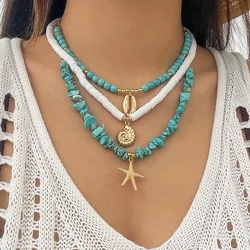 Retro Gold Color Metal Starfish Shell Conch Pendant Necklace Women 2024 Multi Layer Sweet Green Turquoise Girl Beach Jewelry
