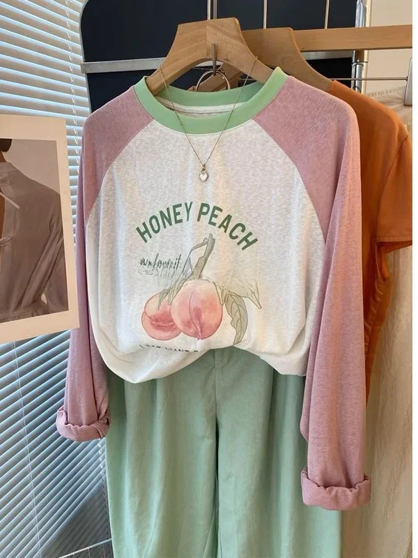 

Большие размеры 300, цвет Pou Blo Long Sve, свободная посадка, антивозрастная женская футболка, корейская футболка из смеси хлопка и полиэстера