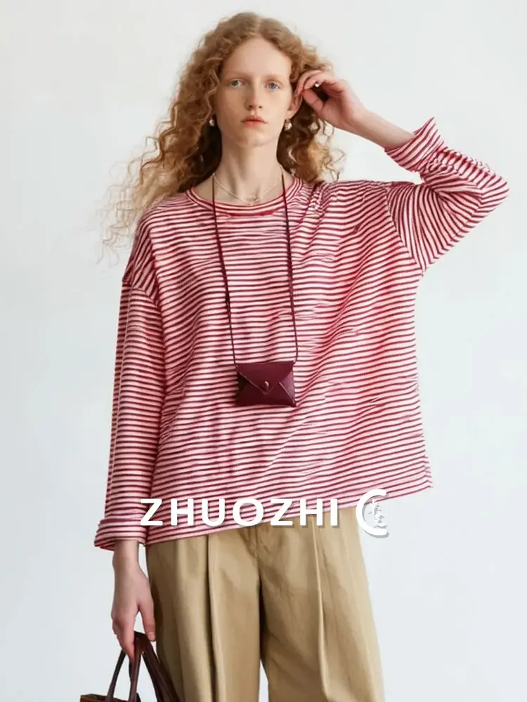 

Футболка ZhuoZhi Lazy Round Neck в полоску, свободная повседневная, весна 2026, дышащая, с длинным рукавом, во французском стиле, универсальный крой, свободный топ