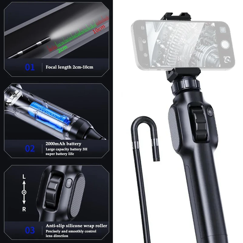 กล้องส่องบอร์สโคปอุตสาหกรรมแบบข้อต่อพวงมาลัย360องศาอุปกรณ์ซ่อมรถยนต์ LED 8ดวง