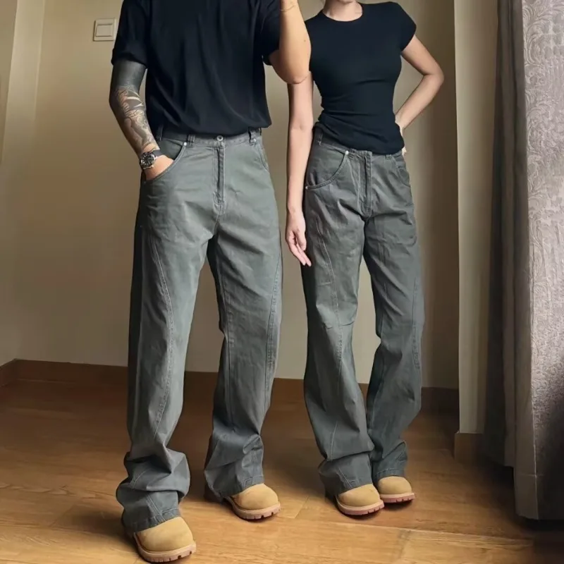 

Dark gray vibe pants spring and autumn style American retro jeans slim high street casual straight overalls trousers