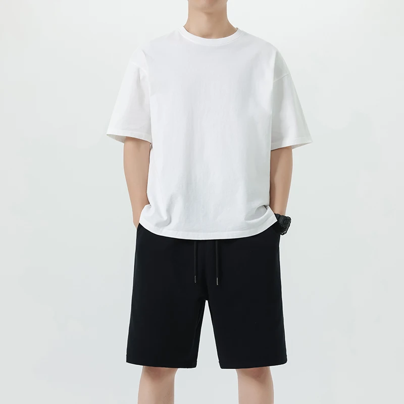 

Men's pure cotton autumn and winter solid color new short sleeved shorts loose casual sports set two-piece set