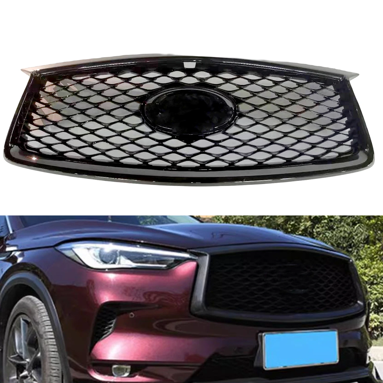 

Car Front Grille Racing Grill Bumper Hood Mesh with Camera Hole For INFINITI QX50 2019 2020 2021 2022 2023