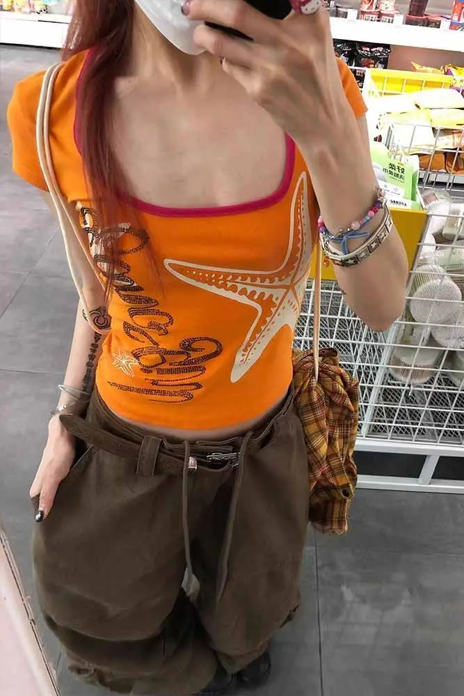 Sweet Spicy New Slimming Spicy Girl Short Top Dopamine Orange Starfish Printed Shoulder Short Sleeve T-shirt Women