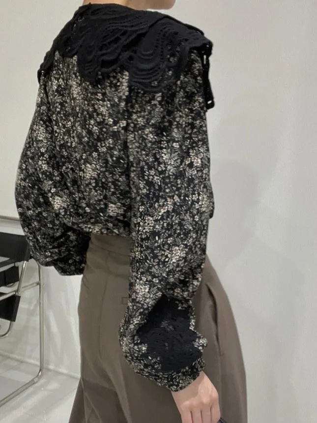 우아한 세련된 긴 소매 레이스 후크 꽃 느슨한 다목적 대형 칼라 셔츠 여성 패션 가을 겨울 복고풍 스타일