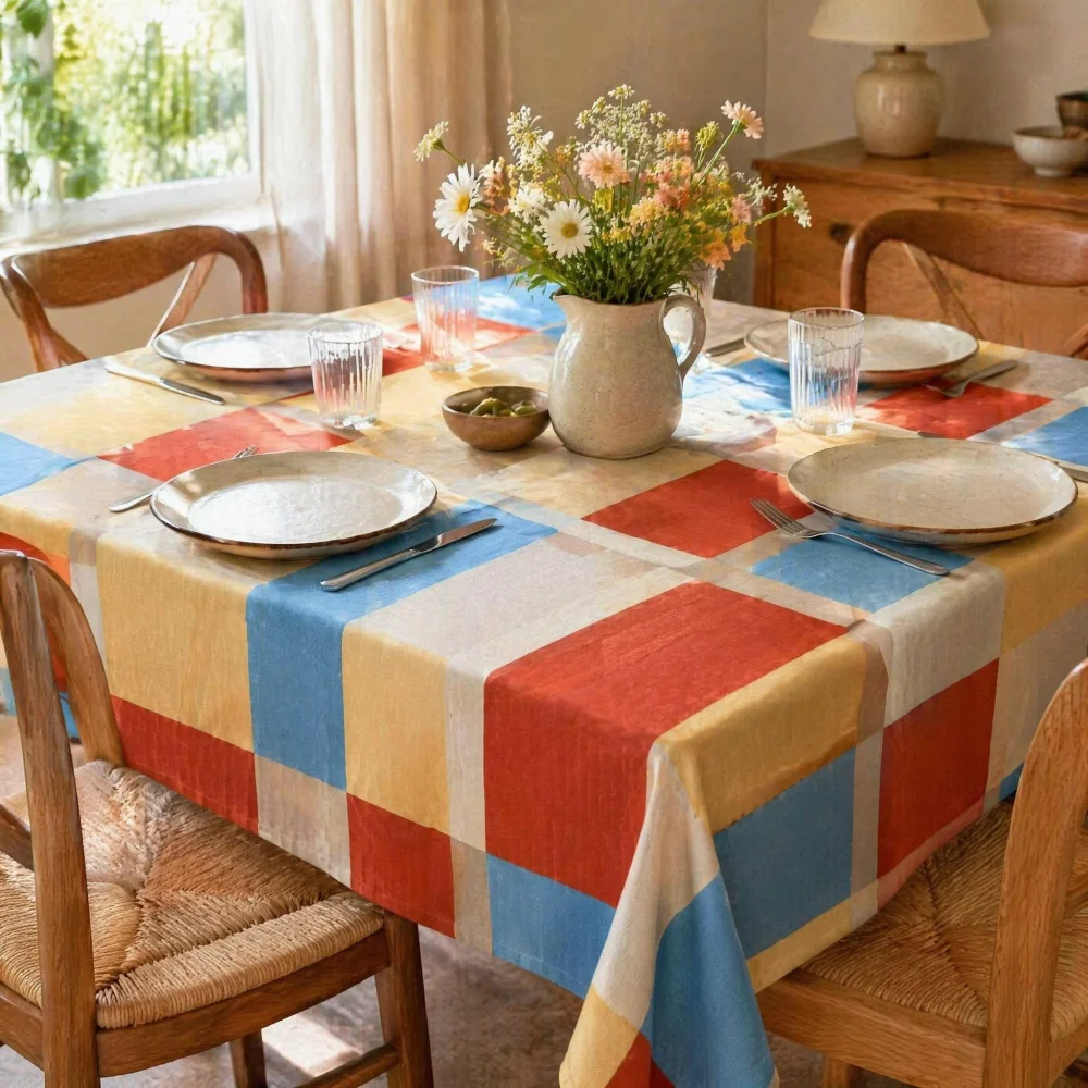 Color Block Plaid Tablecloth, Vintage Quadrant Check Soft Fabric Rectangular Table Cover, Retro Country Decor Table Cloth