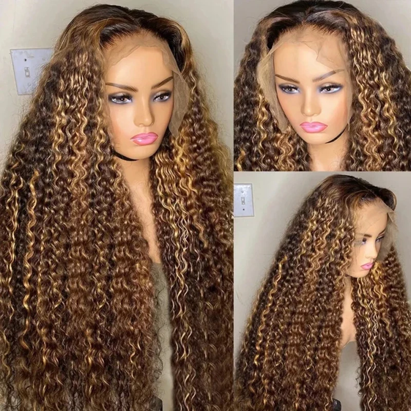 250% Density Curly 13x4 Brown Lace Frontal Wigs Human Hair 4/27 Highlight Ombre Deep Wave Transparent Lace Front Human Hair Wig