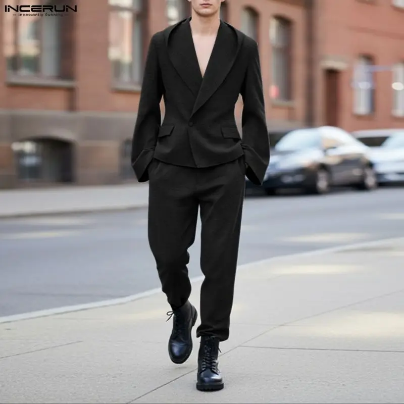 INCERUN Men Sets Solid Color Long Sleeve Hooded Blazer & Pants Two Pieces Sets Elegant Streetwear Fashion Men Casual Suits S-5XL