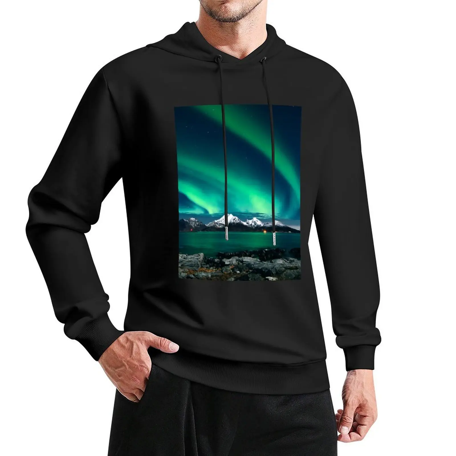 northern lighs sky above snowed mountains with a phenomenon sea Pullover Hoodie men's winter sweater men clothes hoody