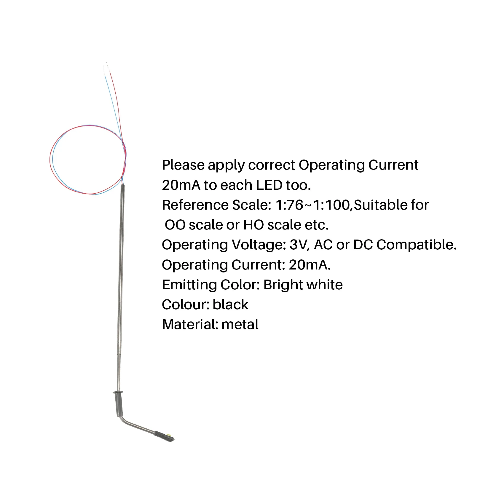 SCLS 20Pcs Model Railway 10cm Lamp Post Street Lights HO Scale 1:87 LED 3V Resistors LQS08 Single Head-Bright White