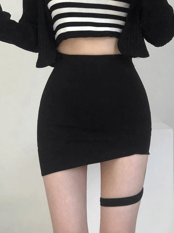 Sexy Dongda Black High Waist Bandage Skirt with Stocking Belt Elastic Slimming H-Shape Asymmetric Nylon Cotton Polyester Blend