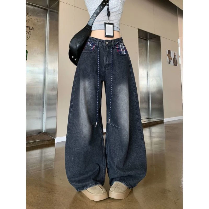 American Plaid Patchwork Jeans Women Vintage Streetwear Lace Up Autumn Wide Leg Jeans Retro High Waist Loose All Match Pants New