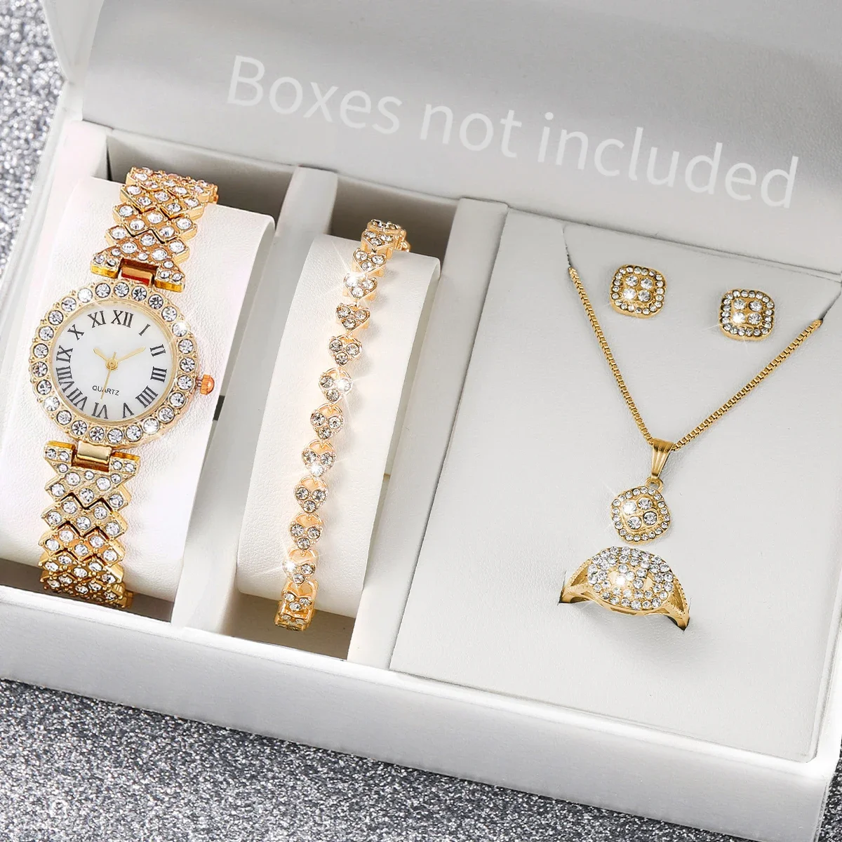 6PCS/Set Fashion Rhinestone Women's Watch Female Steel Band Analog Quartz Watches Diamond Jewelry Set（Without Box）