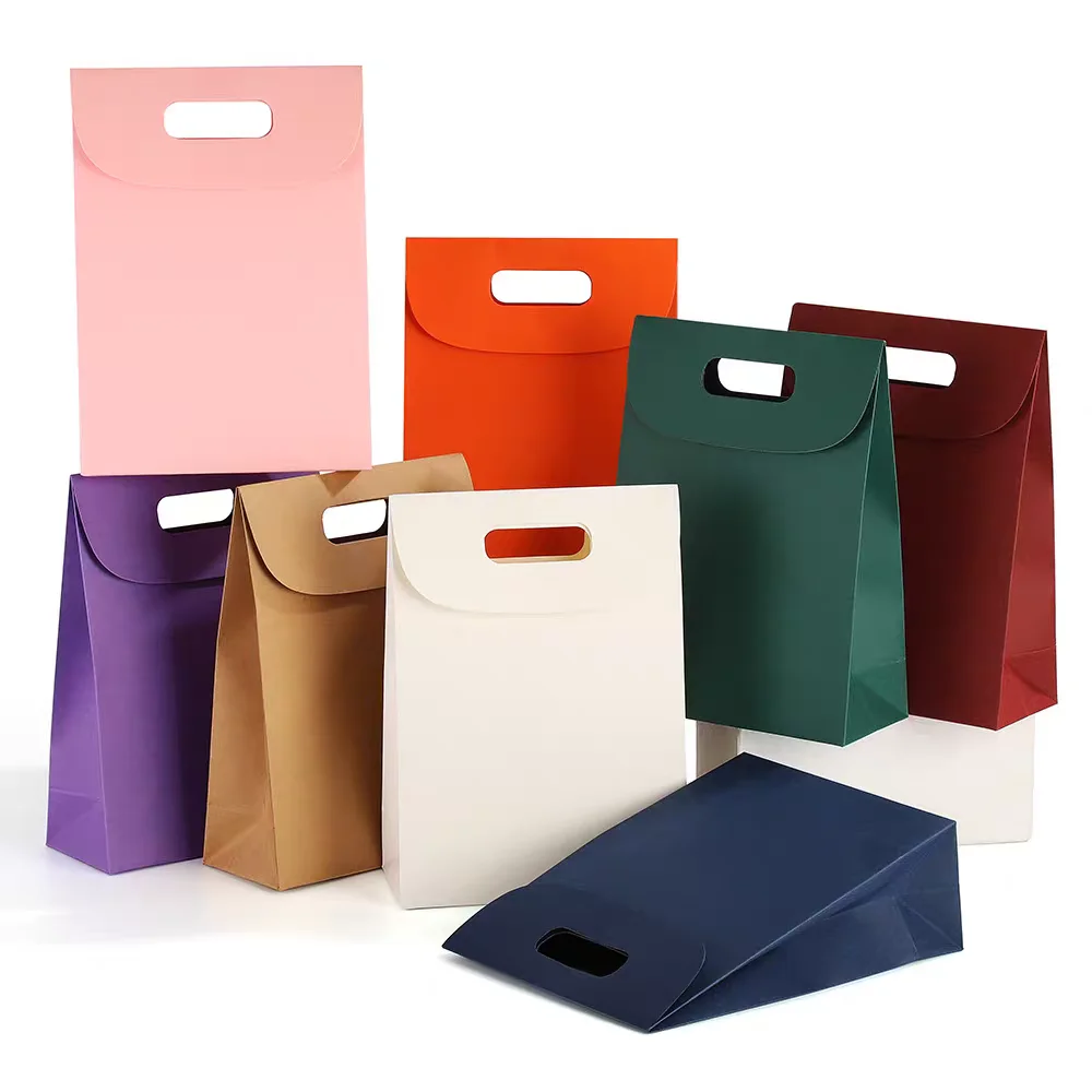 10pcs Kraft Paper Gift Bags with Handles,Solid Color Flap Envelope Bags,Party Favor Treat Box For Candy,Cookie,Chocolate