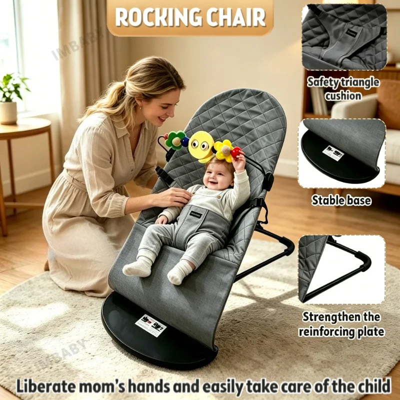 Adjustable Infant Rocker Bouncer, 4-Gear Foldable Baby Rocking Chair with Removable Toy Bar, Detachable Washable Cover for 0-12M