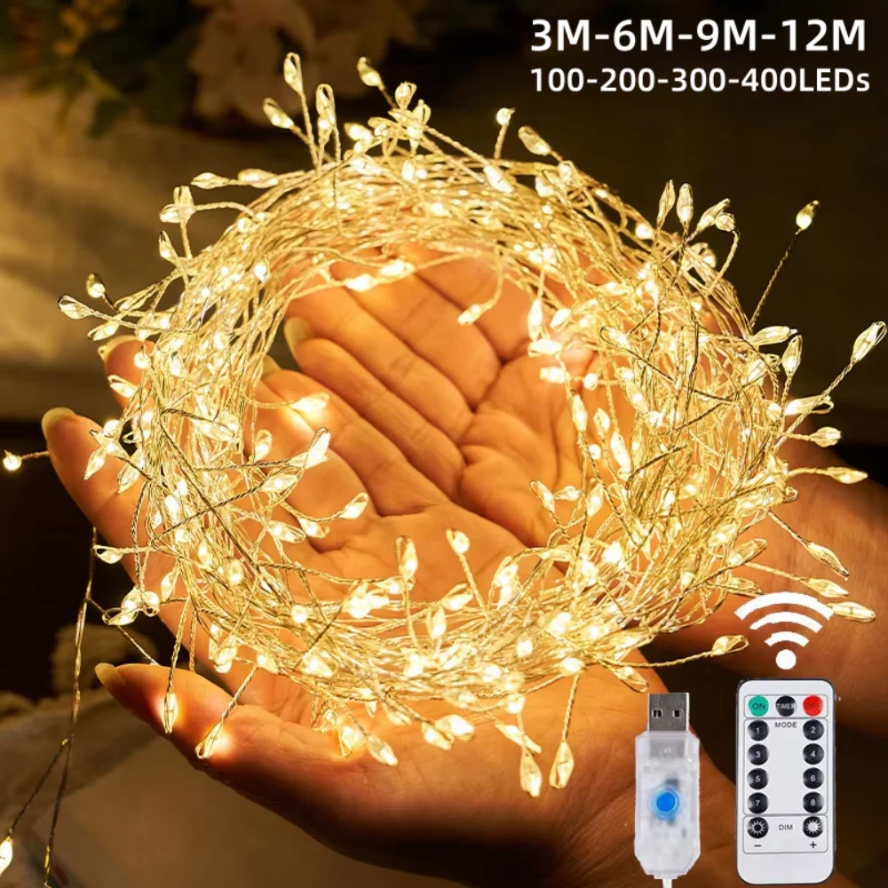 

1PC 3/6/9/12M USB Power LED Firecracker String Fairy Lights Remote Control 8 Modes for Wedding Party Garden Bedroom Christmas