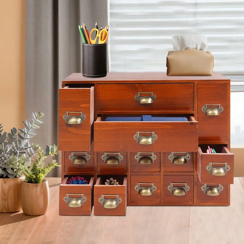 

14Drawer Storage Cabinet Vintage Iron Wood Organizer With Labeled Drawers, Large Capacity Herb Tea Organizer For Home Office, F