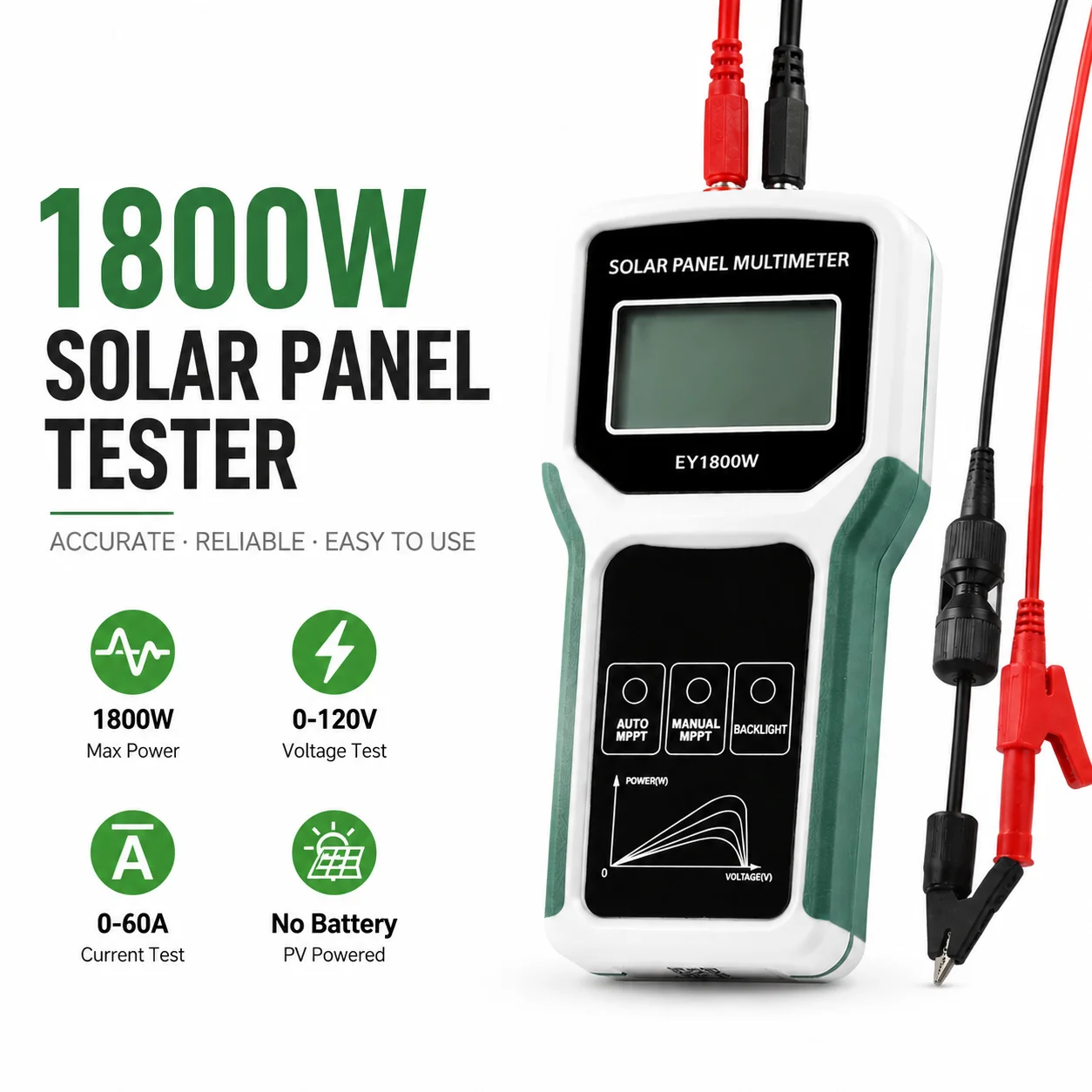 Solarpanel Tester 1800W EY1800W MPPT Solartester Mit LCD-Display – PV- Multimeter Für Panel Bis 1800W, 20-120V, 0-60A Inkl. MC4 & Krokodilklemmen