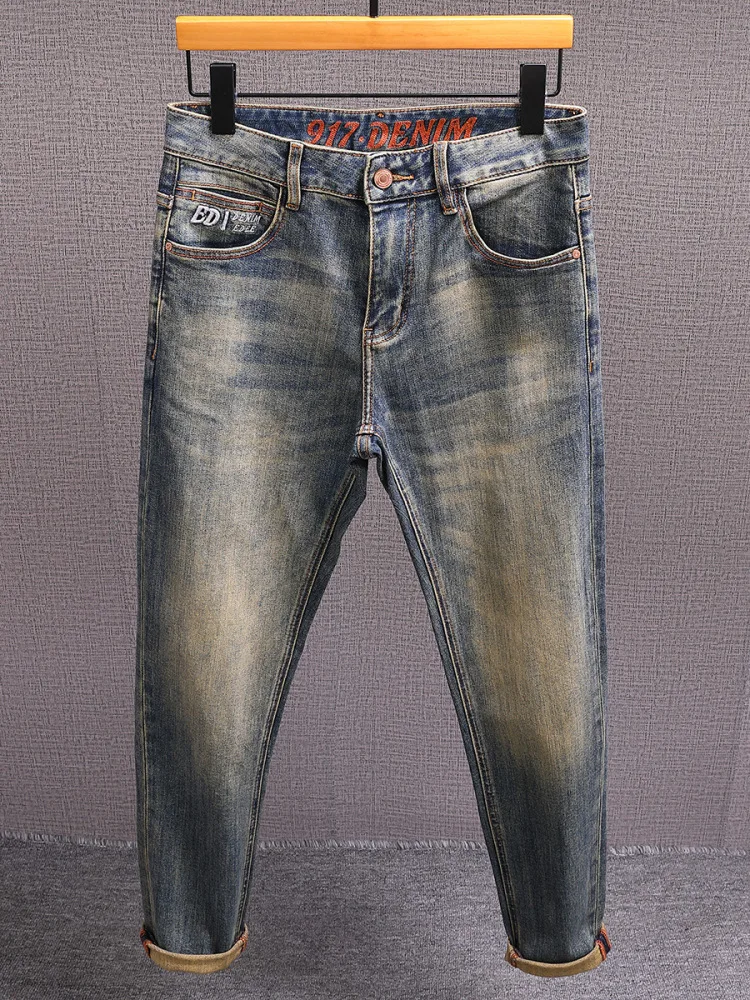 Celana Jeans Retro Amerika Kelas Atas Desain Bordir Pria Model Distressed Stretch Straight Panjang
