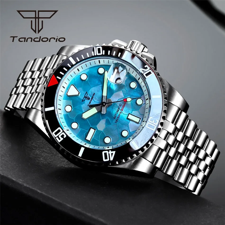 Tandorio Nh35a 40Mm Mode 20bar Heren Duik Automatisch Polshorloge Groenachtig Blauw Mop Wijzerplaat Roterende Bezel Saffier Lichtgevende Datum